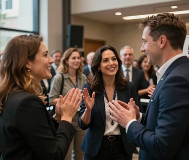 A candid, high-energy shot of a successful campaign launch event in a North American metropolitan area, with professionals interacting and celebrating real-world results under warm, professional lighting.