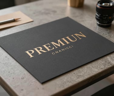 Close-up of premium advertising design mockups on a sleek table, showcasing sophisticated typography and a charcoal and tan color scheme. North American / Professional studio setting.