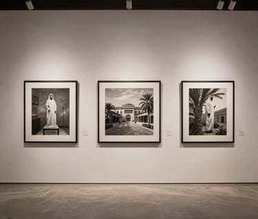 A wide-angle interior shot of a minimalist gallery wall in a Middle Eastern villa, featuring three monochromatic artworks in simple black frames.