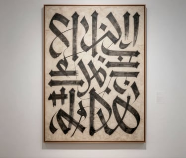 A high-resolution photograph of a curated art installation in a minimalist space. A large vertical painting with dark grey calligraphic forms dominates the white wall, illuminated by soft, directional gallery lights.