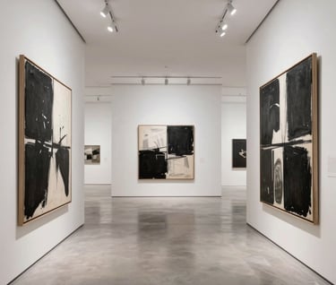 An immersive wide-angle shot of a high-end, contemporary art gallery in a Middle Eastern metropolitan city. Large canvases with bold black and white art are displayed on expansive white walls with minimalist spotlighting and polished floors.