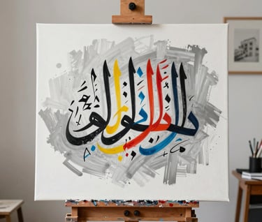 A minimalist art studio in a Middle Eastern urban setting. A large canvas rests on a wooden easel, showcasing a half-finished calligraphy piece with vibrant primary colors breaking through a monochromatic grey and white field.