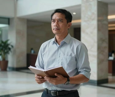 An Indonesian professional standing confidently in a bright, modern foyer, holding a notebook. The atmosphere is quiet and competent, with a background of polished stone and soft blue-grey highlights.