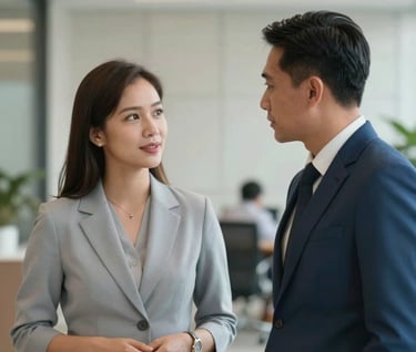 Two professionals in a Southeast Asian / Indonesian corporate setting having a quiet discussion, soft bokeh background, elegant and professional atmosphere, using Pale Cloud Grey and Muted Steel Blue colors.