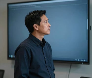 A professional Southeast Asian / Indonesian individual looking thoughtfully at a large screen in a modern office. The lighting is soft and cinematic, with a palette of Dark Navy Blue and Muted Steel Blue, symbolizing expertise.