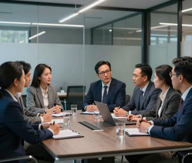 A collaborative meeting in a Southeast Asian / Indonesian modern boardroom with glass walls. A group of professionals in smart-casual attire are discussing a strategy. Soft, elegant lighting with a focus on deep blue and silver tones.