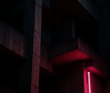 Low-angle architectural photography of a brutalist concrete building in Seoul, dramatic deep shadows, sharp lines, illuminated by a single magenta neon light source, East Asian / Korean urban.