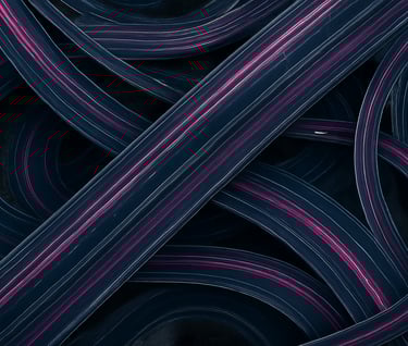 Top-down drone shot of a complex highway interchange in Seoul, car light trails forming geometric patterns, deep charcoal asphalt, electric magenta accents, East Asian / Korean urban.