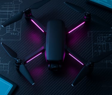 A top-down view of a modern drone with magenta LED strips placed on a dark carbon fiber table, surrounded by technical schematics and glowing cyan tablet screens.