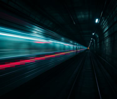 Cinematic shot of a speeding subway train in a Seoul tunnel, heavy motion blur, cyan and magenta light streaks, urban tech style, East Asian / Korean urban.