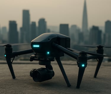 Detail shot of a specialized photography drone sitting on a concrete rooftop, glowing cyan status lights, matte black finish, Seoul skyscraper silhouettes in the background, East Asian / Korean urban.