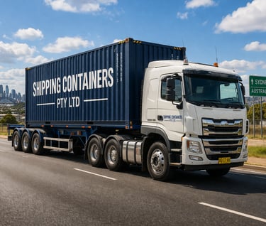 A white semi-trailer truck transporting a blue shipping container on a highway toward Sydney, Australia.