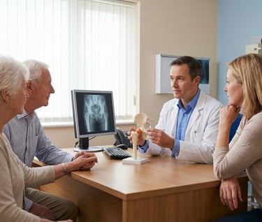 Doctor consulting with two elderly parents and their adult daughter about hip replacement surgery in a hospital clinic.