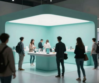 A medium shot of customers interacting with a minimalist, high-tech retail installation. The lighting is clean and professional, using a cool teal (#0E7C7B) highlight. Minimalist agency aesthetic.