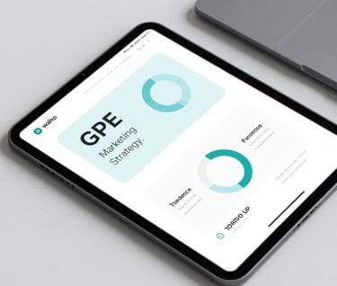 A minimalist, premium layout of marketing strategy documents and a tablet displaying a sleek interface. Top-down view, sharp focus, soft shadows. Color palette focused on #111111 and #F0EDE8 with a hint of #0E7C7B on the screen.