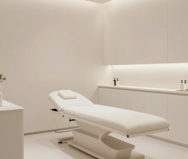 Minimalist interior shot of a beauty studio or clinic, clean lines, high-end materials, soft textures, highlighting the professional environment. Neutral palette #FDFBF7.