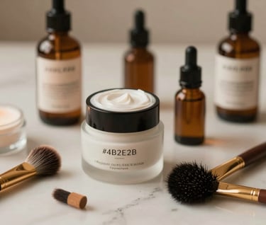 An artistic shot of beauty tools or aesthetic products arranged on a marble surface. Soft shadows and warm tones (#4B2E2B) to evoke luxury and professional care.