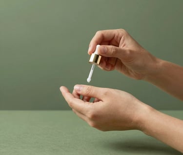 A sophisticated lifestyle shot of a beauty professional's hands working in a minimalist studio environment, featuring olive green #6B705C accents and soft shadows.