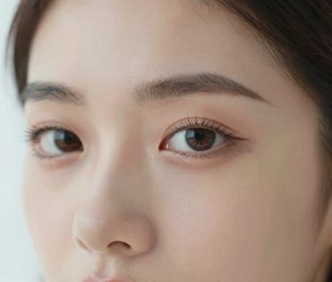 A close-up portrait focusing on eyes and expression, showing high-end makeup artistry. Soft focus on the background. Minimalist aesthetic, lighting that mimics natural window light, very clean and premium.