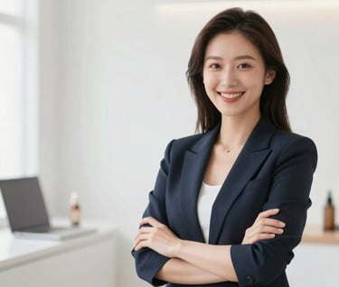 A lifestyle branding shot of a beauty professional in a bright, modern studio. She is smiling confidently, wearing elegant attire. The lighting is airy and high-key, using #FDFBF7 as the primary light source.