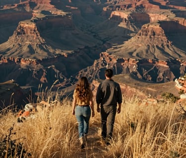A cinematic shot of a couple walking away through tall, sun-baked grass at the edge of a canyon. The North American / US landscape is bathed in a warm, inviting glow with deep charcoal and terracotta earthy tones.