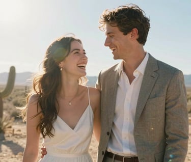 A candid, sun-drenched portrait of a young couple laughing together, the sunlight creating a natural flare around them. They are dressed in relaxed, modern wedding attire in a North American / US desert setting.