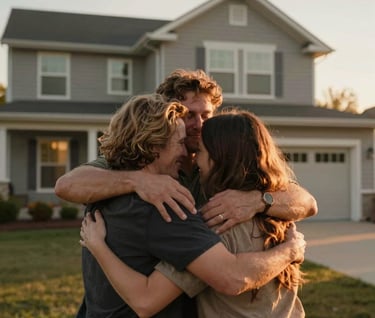 A warm, lifestyle shot of a group hug in front of a North American / US home. The atmosphere is inviting and real, with sunset light emphasizing the genuine connections.