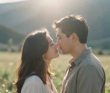 An authentic portrait of a couple whispering and leaning into each other in a North American / US natural setting. The lighting is extremely warm and hazy, with sun-drenched flares filtering through the scene. The overall style is cinematic and soft, focusing on their emotional bond.