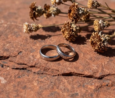 A detailed shot of two wedding rings resting on a piece of natural red sandstone, surrounded by dried wildflowers in terracotta and brown tones. Authentic North American / US outdoor wedding detail shot with warm, direct sunlight.