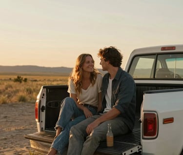 A candid moment of a couple sitting together on the tailgate of a vintage truck in a North American / US rural environment. The lighting is the warm, golden glow of a late summer evening. The scene uses colors of soft sand and warm charcoal, looking like a still from a cinematic film.