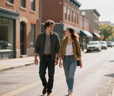Authentic candid shot of a couple walking down a North American / US street, blurred terracotta brick buildings in the background. Sun-drenched morning light.