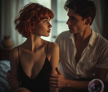 Claudie e il suo amante Rudy dalle storie erotiche illustrate di Ophelio, sul letto a una festa