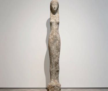 A vertical, full-width photograph of a tall, slender sculpture made of weathered warm-gray stone against an off-white gallery wall. The lighting is crisp and clean, casting a sharp shadow that mimics the sculpture's form. The setting is a minimalist studio in Western Europe.