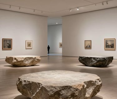 A wide, horizontal view of an art exhibition in a high-end North American gallery. Large-scale stone works are spaced widely apart on a light floor. The atmosphere is quiet, museum-like, and very minimal. Only the art and the architecture are visible, with no people.