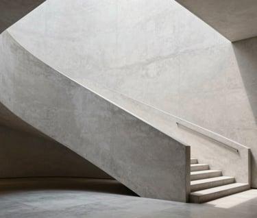 A vertical photography of a minimalist concrete staircase inside a contemporary art museum. Sharp geometric shadows contrast with the soft off-white and light gray surfaces. Deep focus, clean lines, serene and sophisticated atmosphere, North American / Western European architectural style.