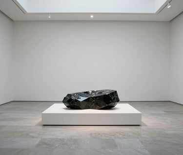 A full-width, wide-angle photograph of a single sculptural piece made of dark, polished obsidian resting on a white gallery plinth. The surrounding space is an empty, high-ceilinged museum hall with white walls and a light gray stone floor. Serene, monumental composition, North American / Western European aesthetic.