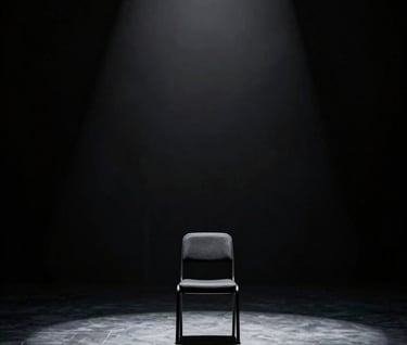 A wide, atmospheric shot of a dark theater stage with a single empty chair. Minimalist composition using #0F0F0F and #333333, evoking a sense of dramatic potential and artistic elegance.