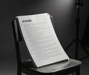 Behind-the-scenes aesthetic shot of a script sitting on a wooden chair under a single spotlight. High dramatic impact, #333333 tones with stark #F5F5F5 light hitting the pages.