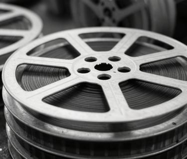 A collection of film reels in a stack, high-contrast black and white photography using #0F0F0F and #F5F5F5, industrial and classic cinema aesthetic.