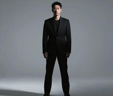 A wide, artistic shot of the actor standing in a minimalist studio. Dramatic lighting creates a strong silhouette against a background of #A8A8A8. The aesthetic is clean, professional, and festival-level.