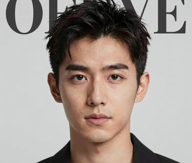 A magazine cover mockup featuring the actor's face in a bold, artistic crop. Heavy use of negative space, professional typography, and a palette of #0F0F0F and #F5F5F5.