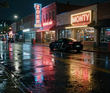 A wide nighttime shot of a rainy North American street with glowing neon signs reflected in wet asphalt, a sleek black sports car parked in the background, cinematic film noir style.