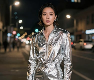 A high-fashion portrait of an artist in a North American / US urban setting at night, wearing reflective silver apparel that mirrors the surrounding streetlights, captured in sharp focus.