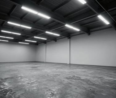 A wide-angle landscape photograph of a minimalist industrial warehouse interior in the US, featuring cold white overhead lighting and charcoal gray concrete floors, embodying a high-performance vibe.