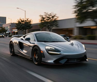 Action photography of a luxury sports car with a silver metallic finish driving through a North American / US city at twilight, soft motion blur, edgy professional atmosphere.