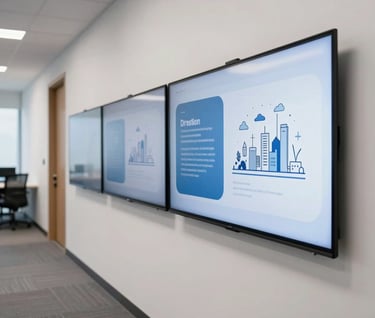A bright, modern North American / US office corridor where a wall-mounted screen displays a sequence of educational illustrations. The illustrations feature steel blue and soft white palettes.