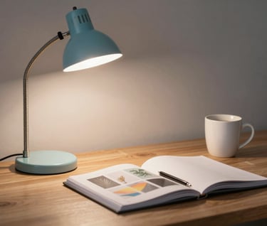 A creative desk setup in a North American / US apartment featuring a sky blue lamp, a coffee mug, and design journals.