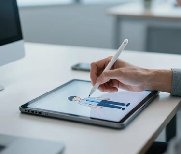 A professional in a North American / US office setting using a stylus to draw a character on a tablet, modern desk, Sky Blue lighting, clean minimalist composition.