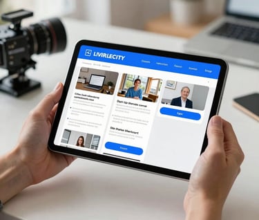 Hand holding a digital tablet in a bright North American / US creative studio, showing a storyboard of a digital literacy course, royal blue accents.