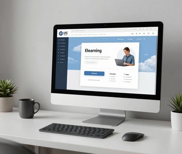 A clean, minimalist North American / US home office with a focus on an organized workspace, featuring a large monitor showing a finished eLearning interface, Steel Blue and Pale Cloud White color scheme.